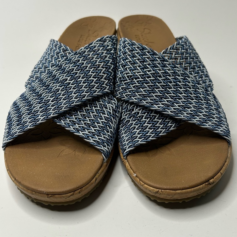 Skechers Blue & White Woven Upper Open Toe Wedge Casual Sandal Size 8